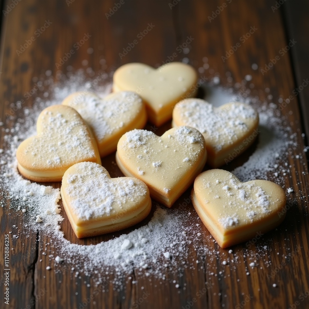 Poster the image shows a group of heart-shaped cookies on a wooden surface. the cookies are light yellow in
