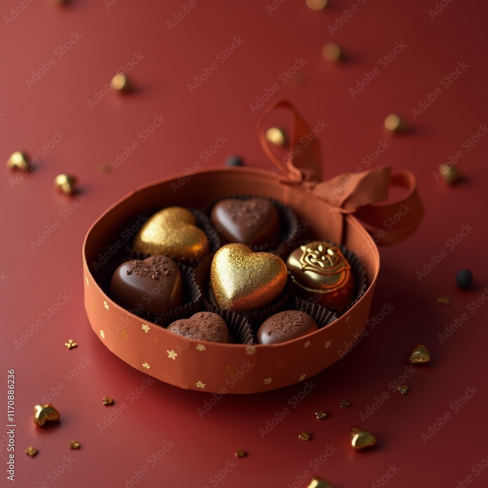 Aufkleber the image shows a heart-shaped box of chocolates on a red background. the box is made of cardboard a
