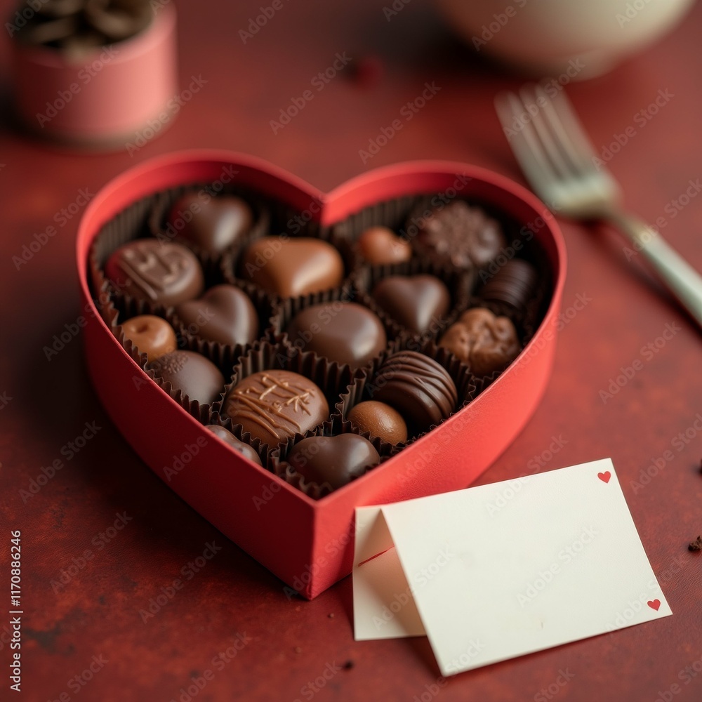 Aufkleber the image shows a heart-shaped red box filled with chocolates. the box is placed on a red surface wi