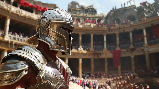 Close-up of heavily armored gladiator in an ancient roman amphitheater, surrounded by vibrant crowd, themes of strength, combat, and epic historical narratives.