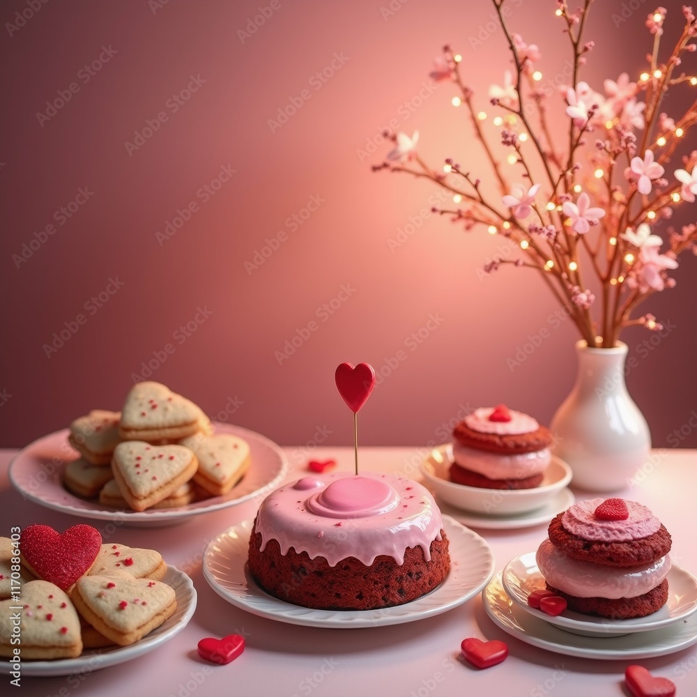 Poster the image shows a table with a variety of desserts on it. on the left side of the table, there is a 