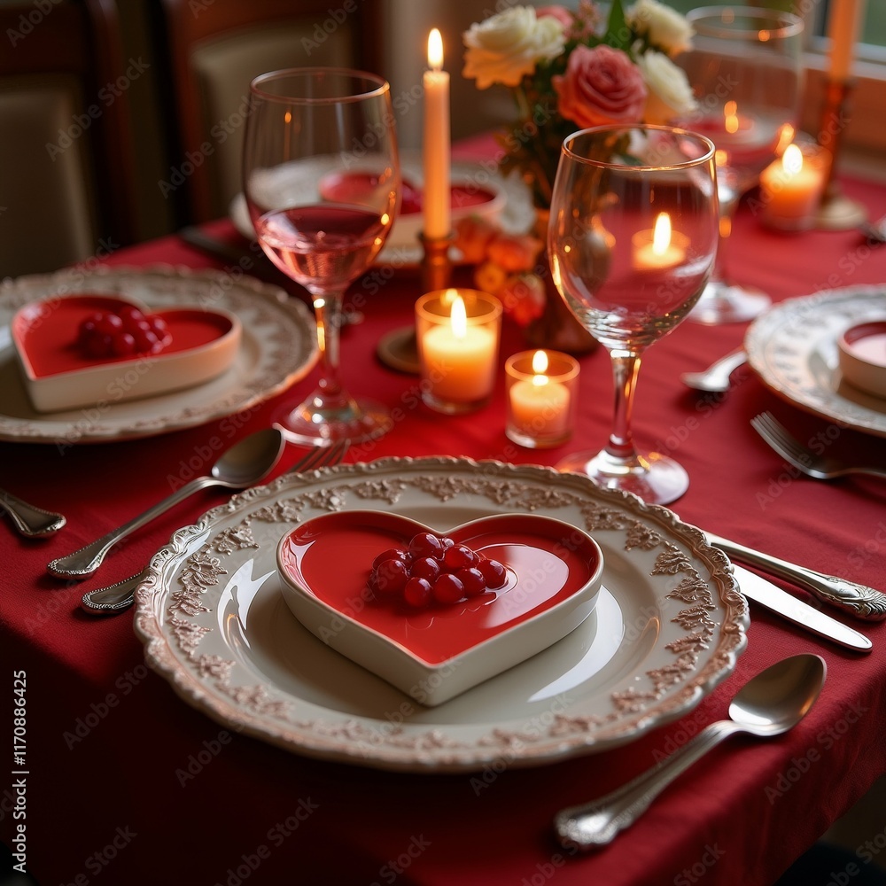 Poster the image shows a table set for a romantic dinner. the table is covered with a red tablecloth and ha