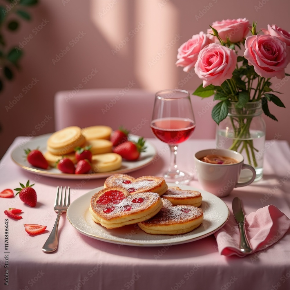 Poster the image shows a table setting with a pink tablecloth and a vase of pink roses on the right side.