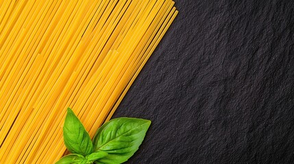 Uncooked spaghetti and fresh basil leaves on dark background.
