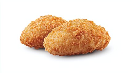 Two golden-brown, crispy, breaded chicken nuggets on white background.