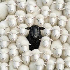 A single black sheep stands out among a flock of white sheep n the style photography. The photo was taken from above, using a zoomed-out wide-angle lens. The symmetry of the composition and the natura