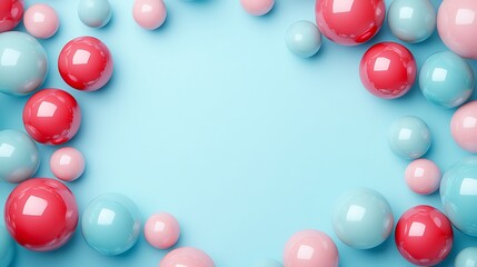 Pink and blue spheres arranged around a light blue background