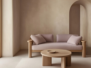 a minimal wooden-frame sofa with neutral linen cushions all in warm earthy tones in living room 