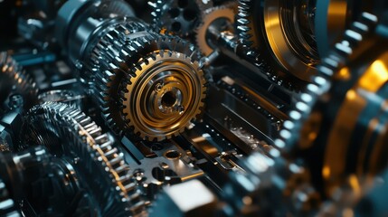 Fototapeta premium A robotic arm assembling high-tech machinery, with gears and mechanical components rotating and interlocking smoothly.