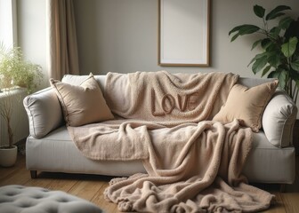 Fototapeta premium LOVE spelled out on a soft, oversized throw blanket draped over a cozy living room couch