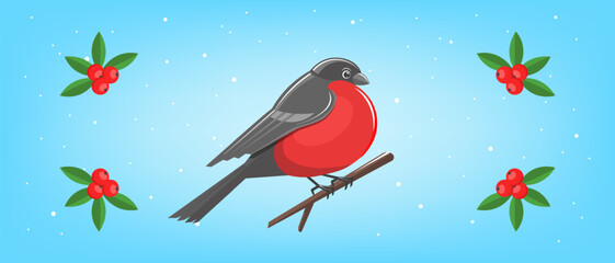 Vector graphic bird bullfinch, with red belly. Stylistic berry with leaves, rowan. Blue background and snow. Winter cartoon greeting card. Ornithology