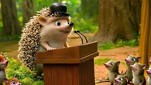 A cute hedgehog wearing a top hat gives a speech from a wooden podium, while other small animals listen attentively in a forest setting.