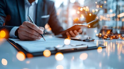 Obraz premium Executive's Focused Hand Signs Crucial Document.