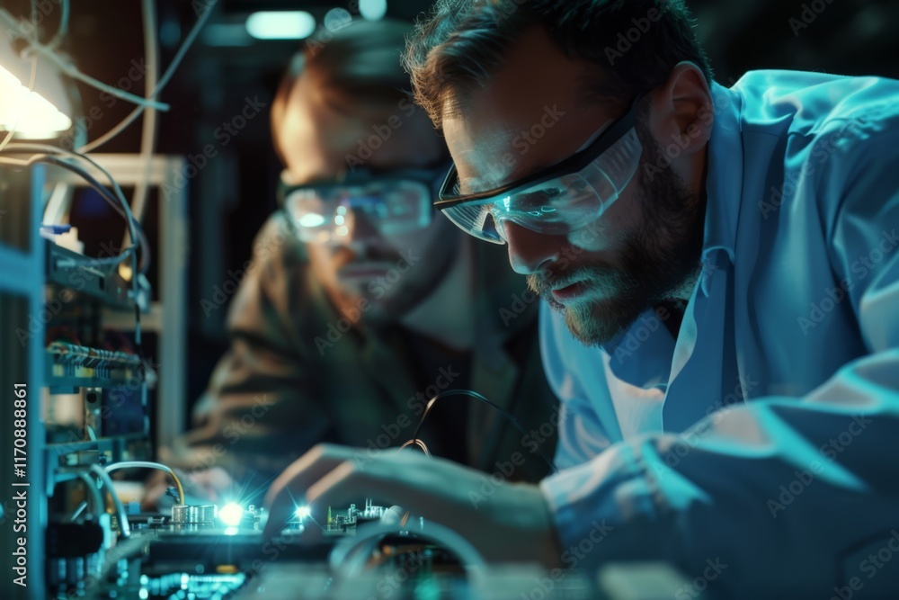 Poster technicians working on circuit boards in electronics lab