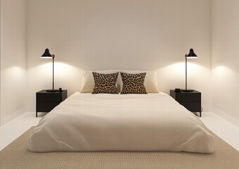 A bed with two nightstands and two lamps