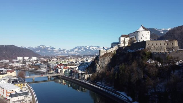 view of the town kufstein in Austria Tyrol with winter landscape 4k