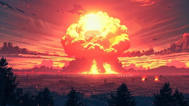 Dramatic explosion at sunset is depicted, with massive mushroom cloud against vivid oranges and purples. cityscape below shows flickering lights and smoke, conveying chaos and urgency.