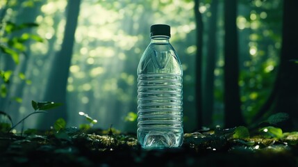 Plastic water bottle in a forest. Sunlight filters through the trees, illuminating a clear plastic water bottle resting on the forest floor.