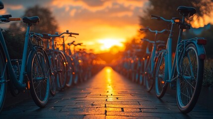 Obraz premium Bicycles Parked at Sunset Golden Hour