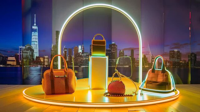 Luxurious handbags are showcased against city skyline at twilight, featuring unique designs and vibrant neon lighting, blending urban elegance with high fashion for marketing campaigns.