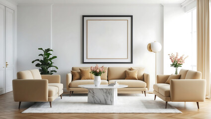 Living room with a picture frame on the white wall. Minimalist interior design of a modern living room with a brown sofa.