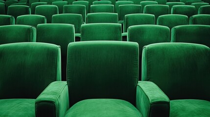 Obraz premium A row of green chairs are empty in a theater
