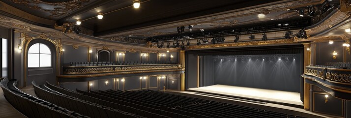 A grand theater interior featuring ornate design and a stage ready for performances.