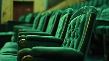 Obraz premium A row of green chairs are arranged in a theater