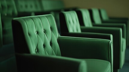 A row of green chairs are arranged in a theater setting
