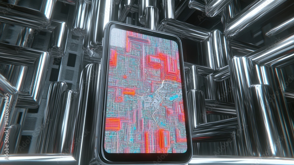 Poster a smartphone displaying a vibrant, abstract digital pattern amidst a metallic structure.