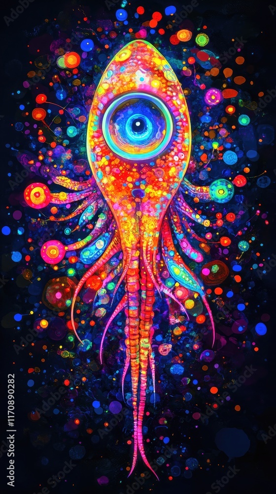 Poster a colorful, abstract depiction of a squid-like creature surrounded by vibrant dots and patterns.