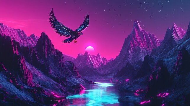 Synthwave Eagle Soaring Over Mountains