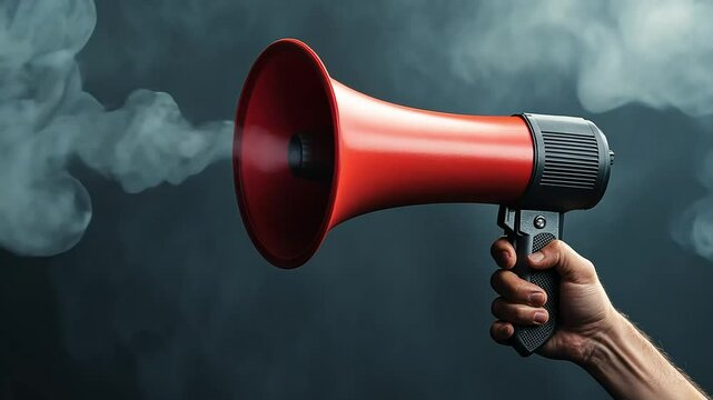 A hand holds a red megaphone against a dark smoky background, announcing a message.