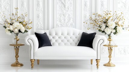 Luxury White Sofa with Floral Accents, Elegant Decor