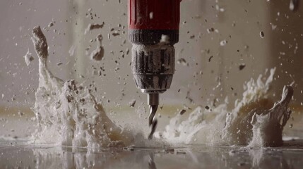 A cordless drill drilling into drywall, with dust particles caught in mid-air motion