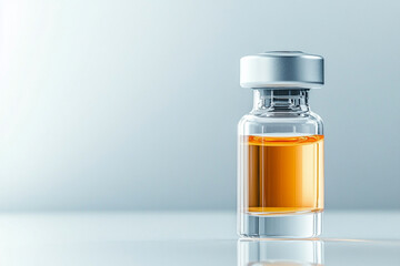 A single vial of vaccine standing upright on a reflective surface, surrounded by soft light