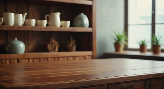 A close-up shot of a vintage wooden table or shelf in an empty interior design setting conveys a sense of nostalgia and simplicity