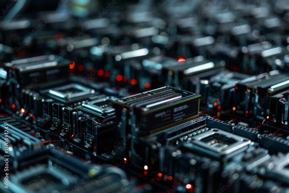 Poster close-up of computer motherboard circuitry and components