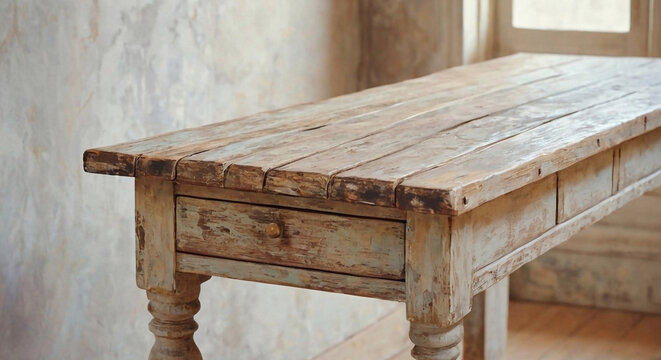 A close-up shot of a vintage wooden table or shelf in an empty interior design setting conveys a sense of nostalgia and simplicity