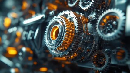 A detailed image of a steel engine part, with rotating cogs and wheels, showcasing the precision and beauty of mechanical design.