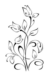 stylized blossoming flowers on stems with leaves and curls; graphic decor