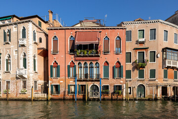 Houses and palaces seen from a motorboat cruise along the Grand Canal in Venice