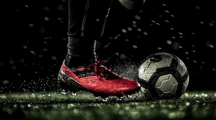 Close up of a soccer player's foot in red cleats striking a wet soccer ball, capturing motion and intensity in field.