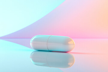 A single white pill resting on a reflective surface under a soft spotlight, with a clean gradient background