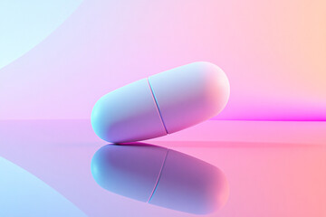 A single white pill resting on a reflective surface under a soft spotlight, with a clean gradient background