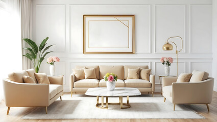 Living room with a picture frame on the white wall. Minimalist interior design of a modern living room with a brown sofa.