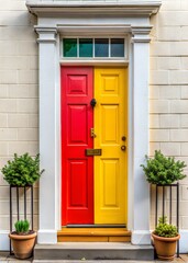 Obraz premium A striking entrance features a dual-tone door split between pink and teal, complemented by yellow accents.