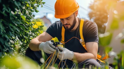 A technician installing a fiber optic internet connection, showcasing splicing techniques and equipment in a professional setting.