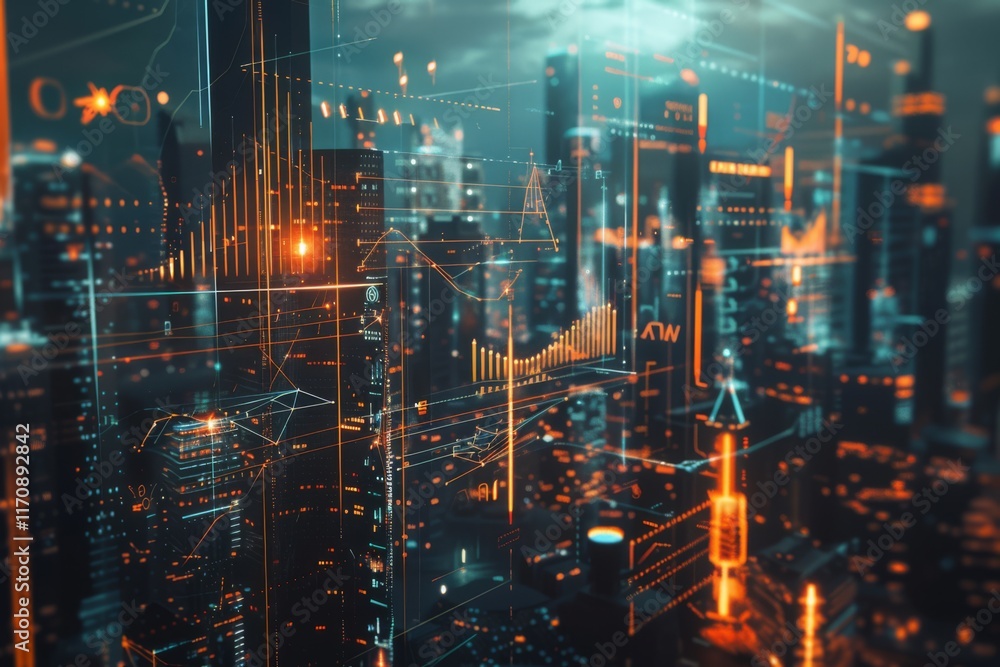 Aufkleber digital cityscape with data visualization elements