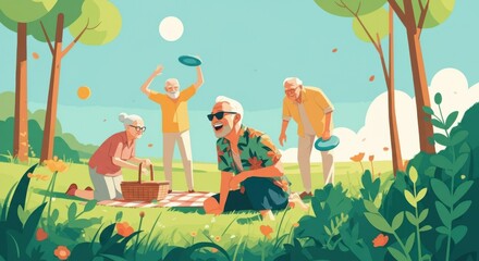 Seniors enjoying a lively picnic with frisbees in a sunny park